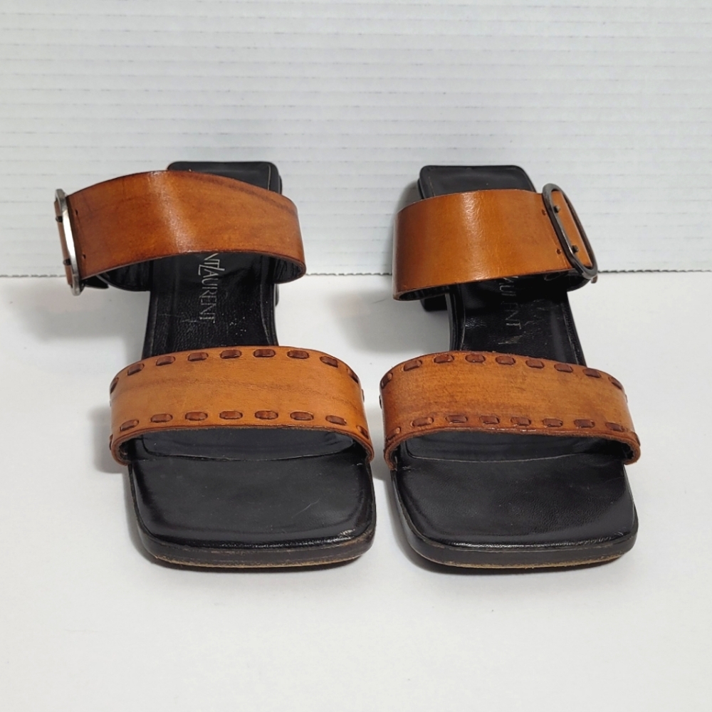 Yves Saint Laurent Dual Strap w Buckle Square Toe Vintage Leather Sandals 6.5Med - Picture 3 of 8